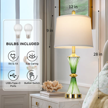 Cinkeda 27" Green Glass Table Lamps Set of 2 with USB-C/A Ports & AC Outlet, Silver Nickel Finish Nightstand Lamps for Bedroom Living Room, LED Bulbs Included