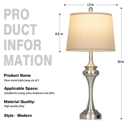Cinkeda 30" Tall Table Lamps Set of 2, Silver Industrial Design with 3-Way Touch Dimming & USB/Type-C Ports for Bedroom Living Room