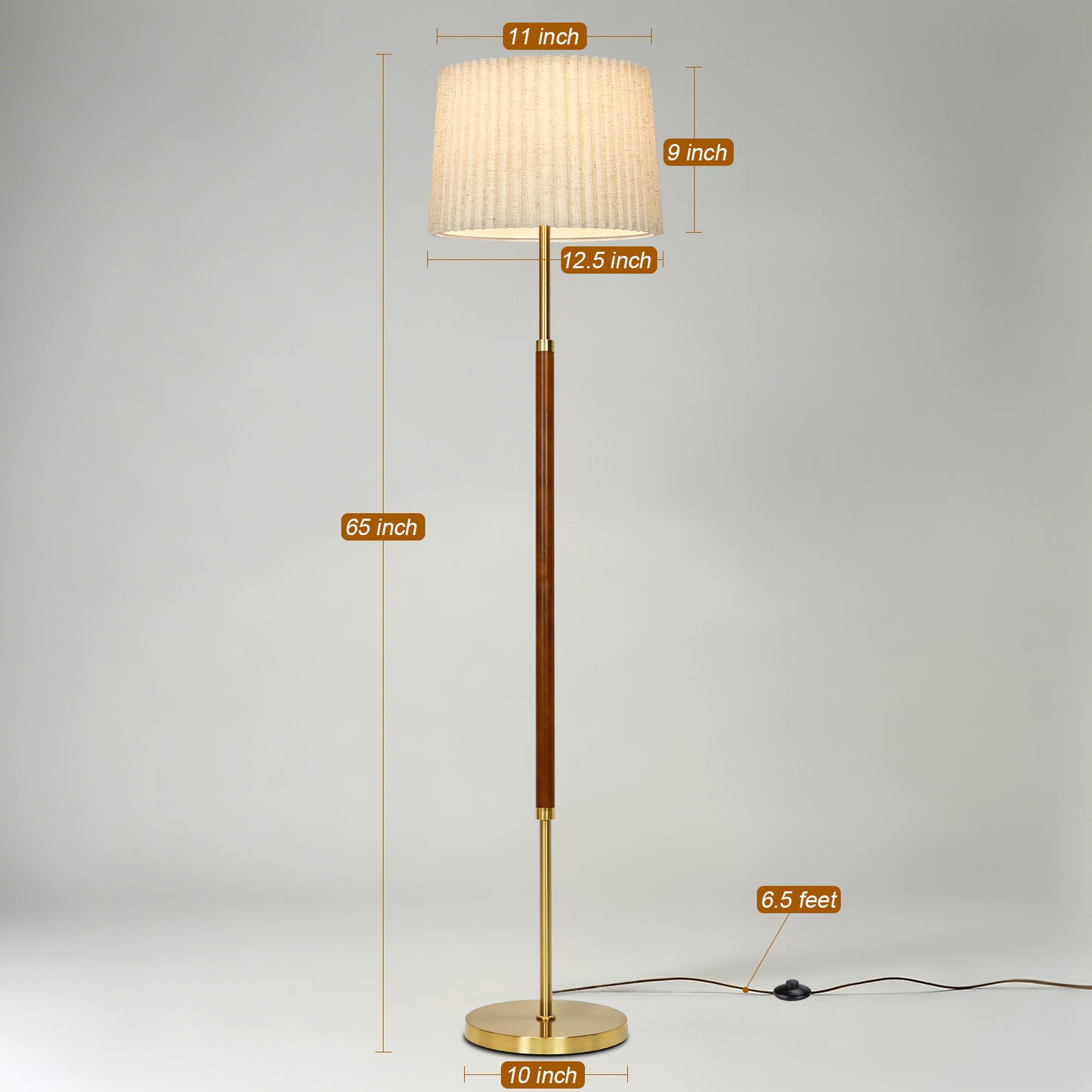 Cinkeda 65" Mid-Century Modern Wood Floor Lamp, Gold Standing Lamp with 2 Fabric Shades, 3-Color Temp & Foot Switch for Living Room Bedroom, LED Bulb Included
