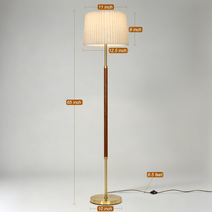 Cinkeda 65" Mid-Century Modern Wood Floor Lamp, Gold Standing Lamp with 2 Fabric Shades, 3-Color Temp & Foot Switch for Living Room Bedroom, LED Bulb Included