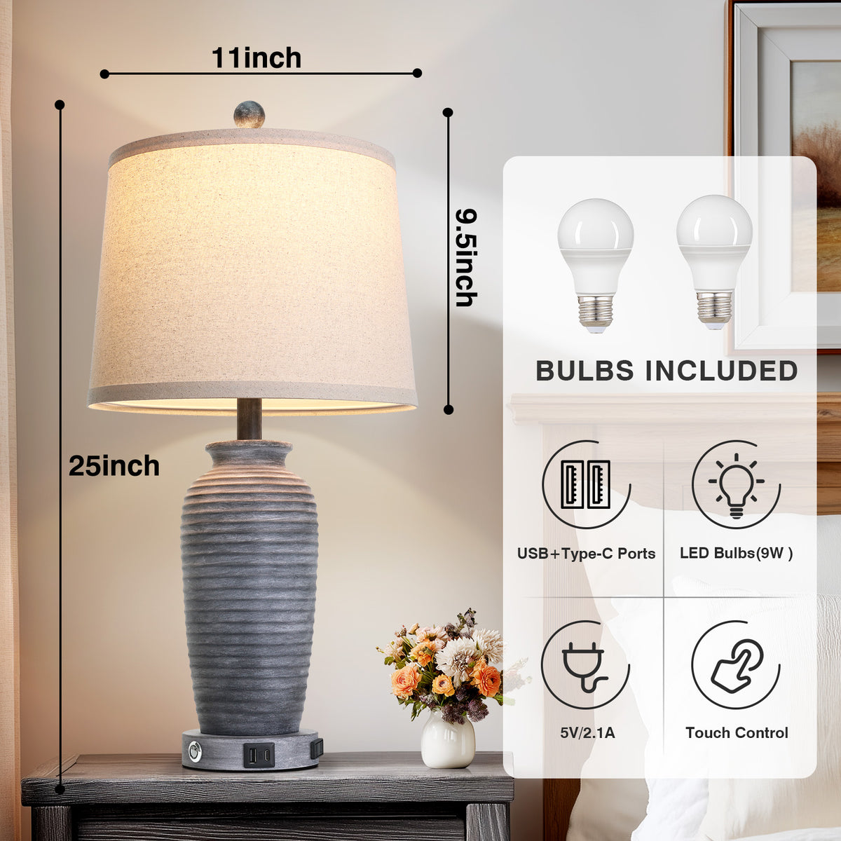 Cinkeda 25" Antique Black Resin Table Lamps Set of 2, 3-Level Touch Control Bedside Nightstand Lamps with USB & Type-C Ports, AC Outlet for Living Room