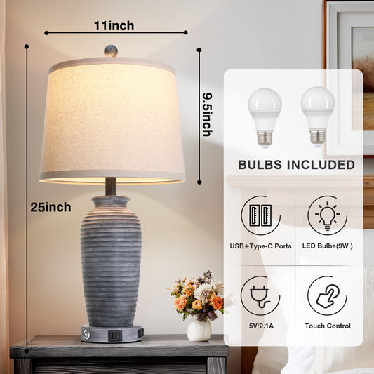 Cinkeda 25" Antique Black Resin Table Lamps Set of 2, 3-Level Touch Control Bedside Nightstand Lamps with USB & Type-C Ports, AC Outlet for Living Room
