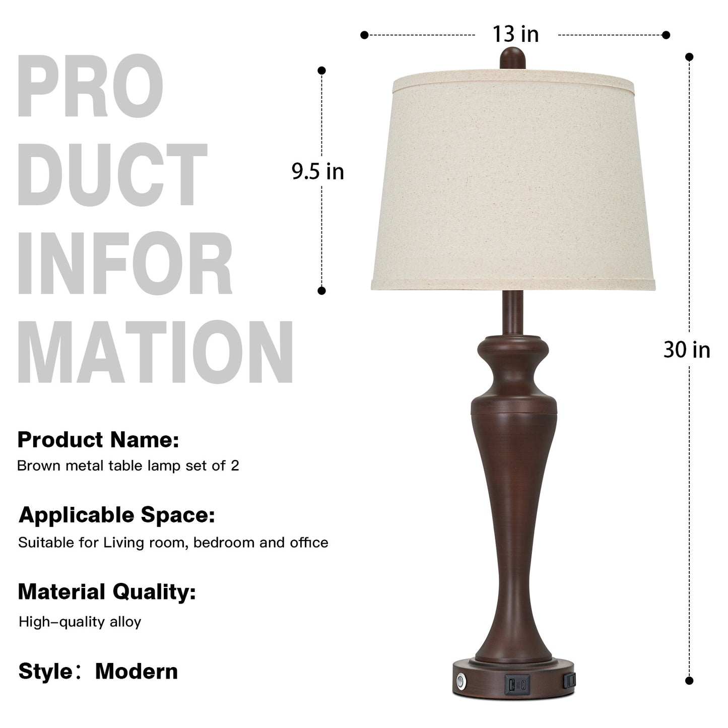 30" Classic Table Lamp, Brown Base with USB/Type-C & AC Outlet, Linen Shade, E26 Dimmable LED Bulb Included, 3-Way Touch Switch for Bedroom/Living Room(Set of 2)（副本）（副本）