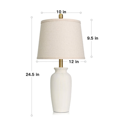 Cinkeda 24.5" Beige Ceramic Table Lamps Set of 2, 2-Level Rotary Switch Bedside Nightstand Lamps with Gold Accents & Slant Shade for Living Room