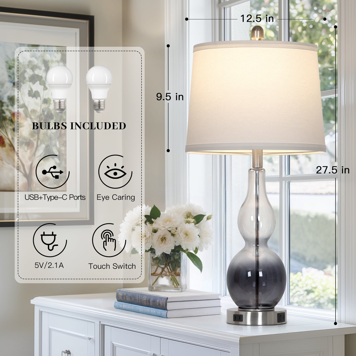 Cinkeda 28" Gradual Gray Glass Table Lamps Set of 2, 3-Way Touch Dimmable with USB Ports & AC Outlet, Modern Bedside Lamps for Bedroom Living Room
