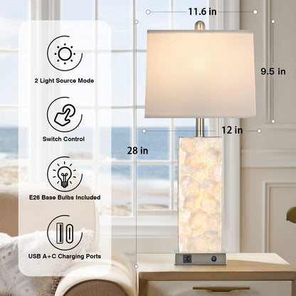 Cinkeda 28" Nickel Seashell Table Lamps Set of 2, Dual Switch Bedside Nightstand Lamps with USB & Type-C Ports, Night Light for Living Room