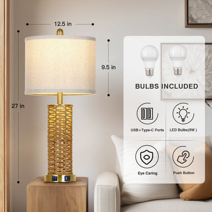 Cinkeda 27" Rattan Woven Table Lamps Set of 2, Boho Bedside Lamp with Dual Rocker Switches & Night Light, USB A+C Ports & Gold Finish for Farmhouse Bedroom Living Room