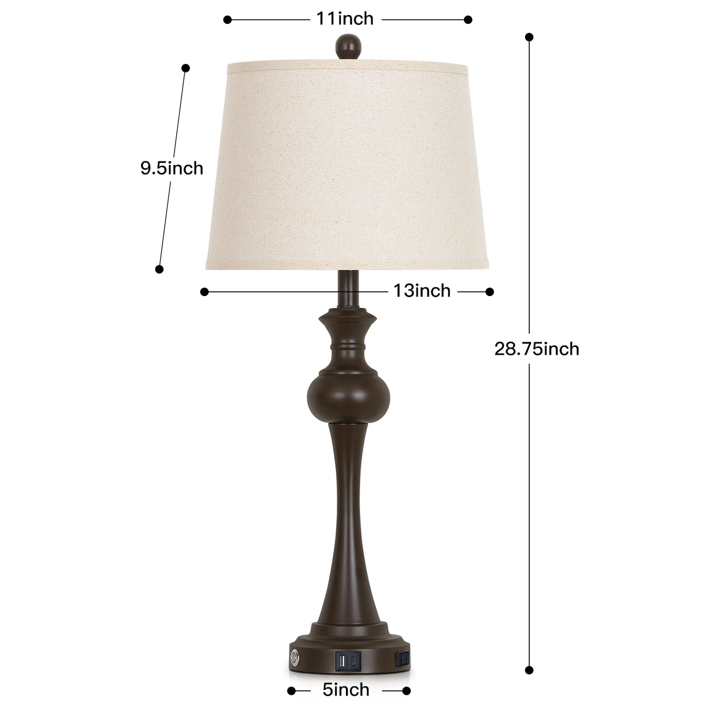 Cinkeda 29" Tall Table Lamps Set of 2 for Living Room Bedroom with USB C+A Ports AC Outlet Modern Brown 3 Way Dimmable Touch Control Nightstand Bedside Lamp