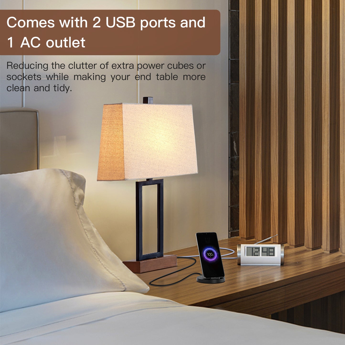 Cinkeda Set of 2 Modern Black Metal Table Lamps, 23.5" Tall with Dual USB Ports & AC Plug, On/Off Switch Bedside Lamp for Bedroom