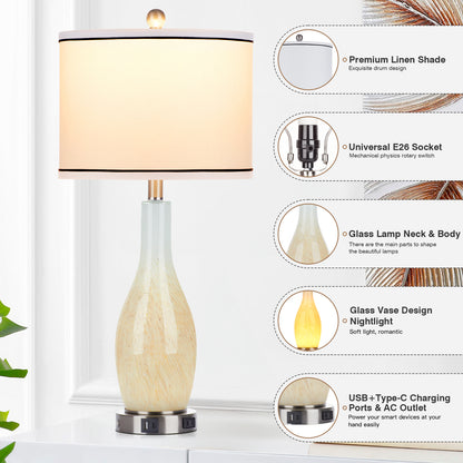 2-in-1 table lamp with nightlight. Nattierblue glass vase style body. Charging port & AC outlet. Drum shade, touch switch (Set of 2)