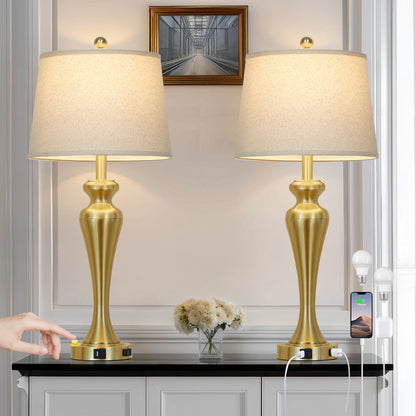 Modern Golden Table Lamp with USB-C & AC Outlet, Touch Control, and LED Bulb(Set of 2)