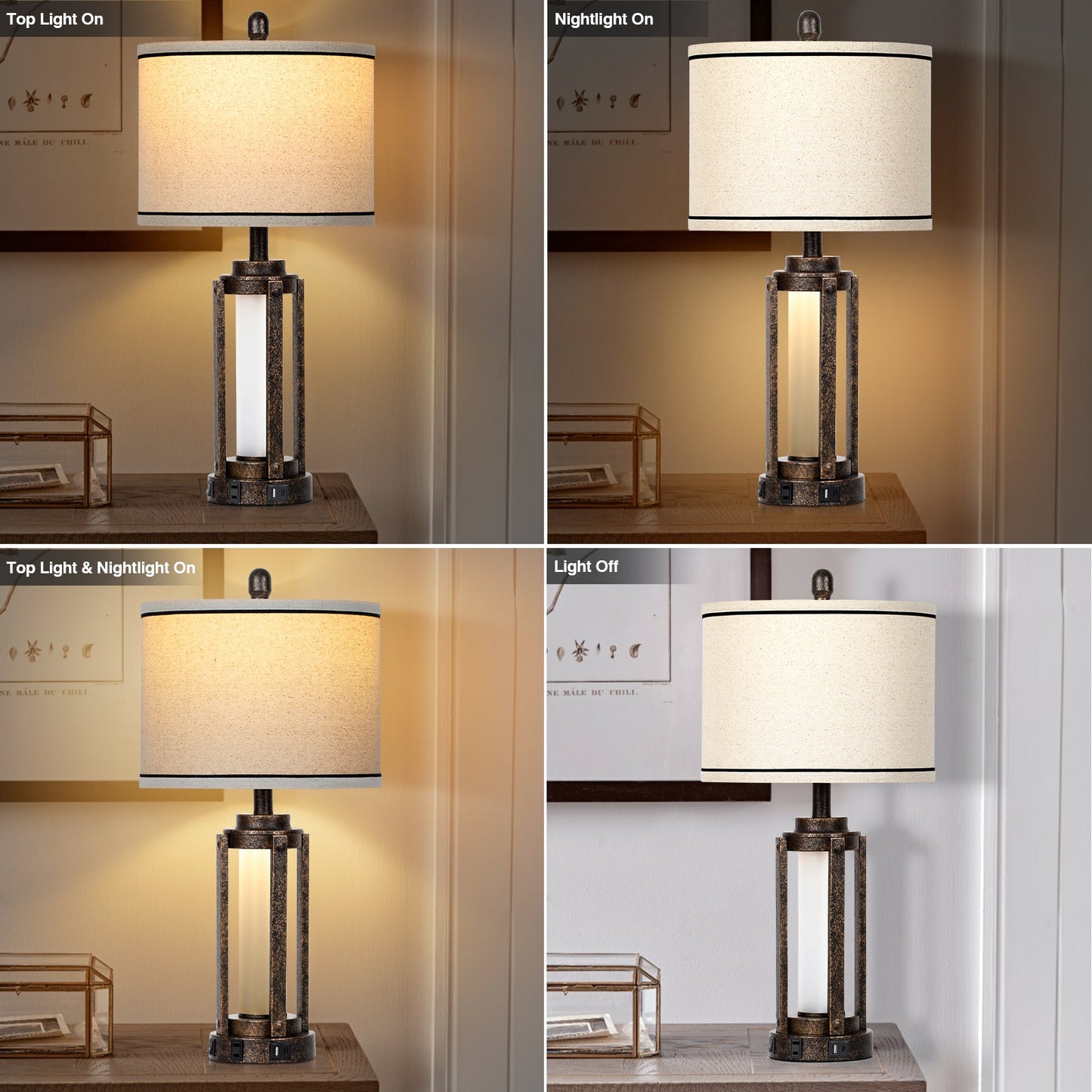 Black Gold Matte Metal Table Lamp with Roman-Cylinder Glass 2-in-1 Nightlight (Set of 2)
