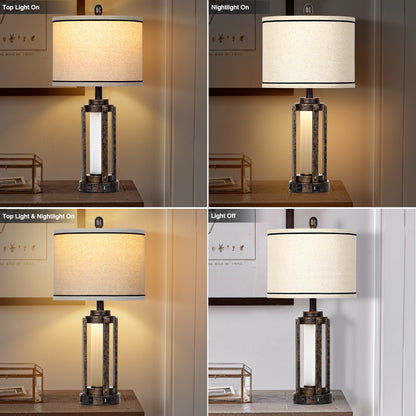 Black Gold Matte Metal Table Lamp with Roman-Cylinder Glass 2-in-1 Nightlight (Set of 2)
