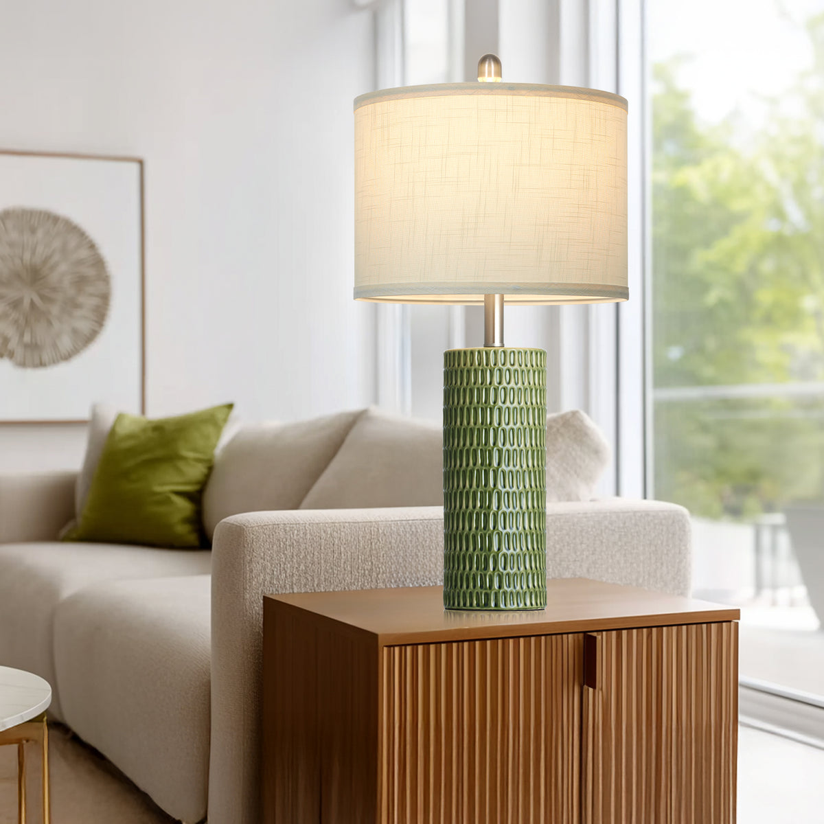 Cinkeda 26.5" Green Ceramic Table Lamps Set of 2, 2-Level Rotary Switch Bedside Lamps with Carved Bamboo Texture & Nickel Base for Living Room