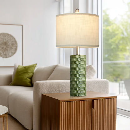 Cinkeda 26.5" Green Ceramic Table Lamps Set of 2, 2-Level Rotary Switch Bedside Lamps with Carved Bamboo Texture & Nickel Base for Living Room