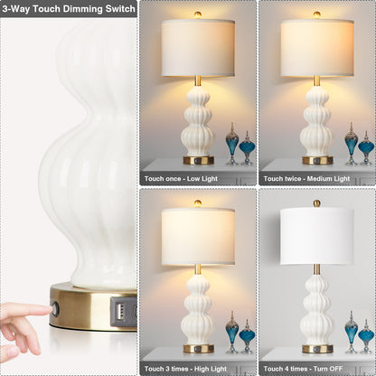 White Ceramic Cucurbit Style Table Lamp with 3-Way Touch Dimming Switch, USB Type C Charging Ports and AC Outlet (Set of 2)