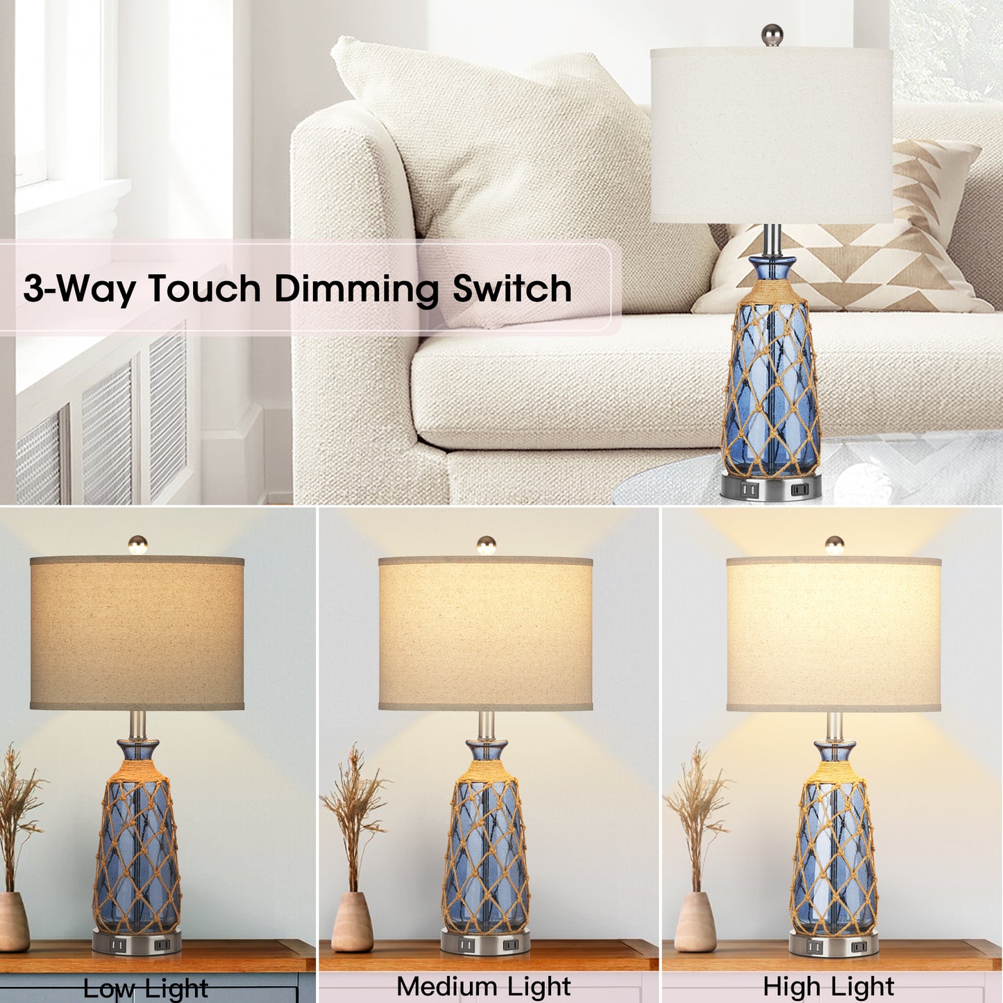 Deep Blue Bubble Glass Table Lamp with Dual USB Charging Ports, AC Outlet, Touch 3-Way Dimming Switch and No Strobe (Set of 2))