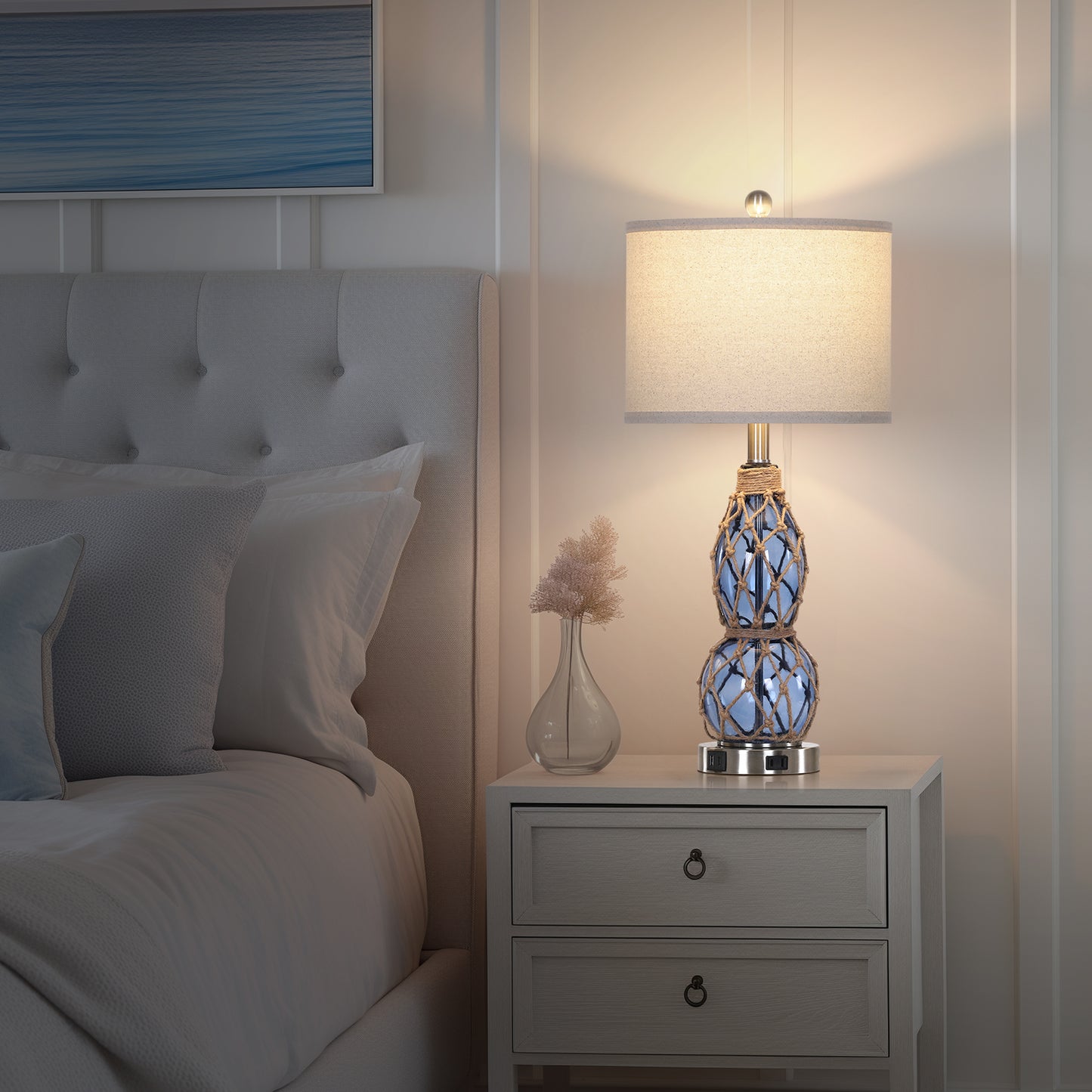 Cinkeda Coastal Glass Table Lamps Set of 2 with USB C+A Ports AC Outlet 3 Way Dimmable Touch Control Nightlight 26" Nautical Bedside Lamp for Living Room Bedroom