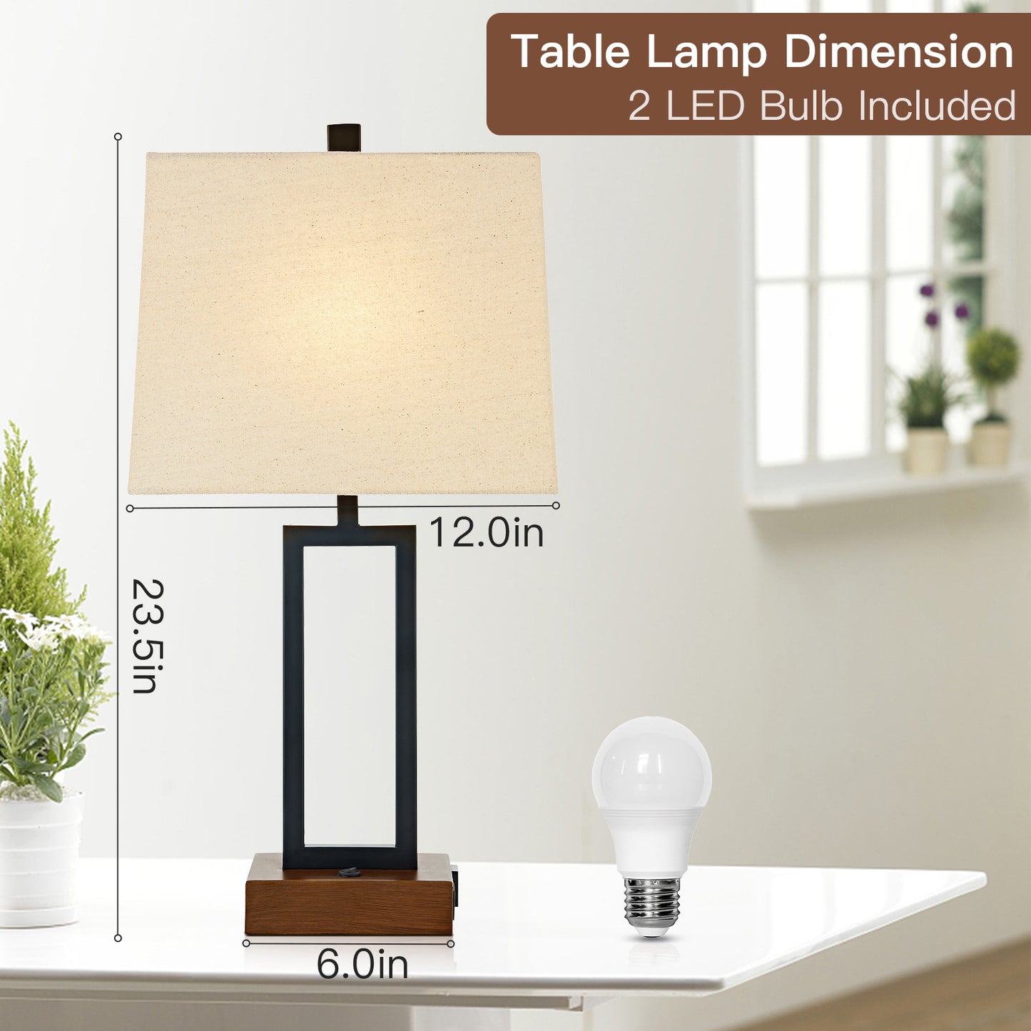 Cinkeda Set of 2 Modern Black Metal Table Lamps, 23.5" Tall with Dual USB Ports & AC Plug, On/Off Switch Bedside Lamp for Bedroom