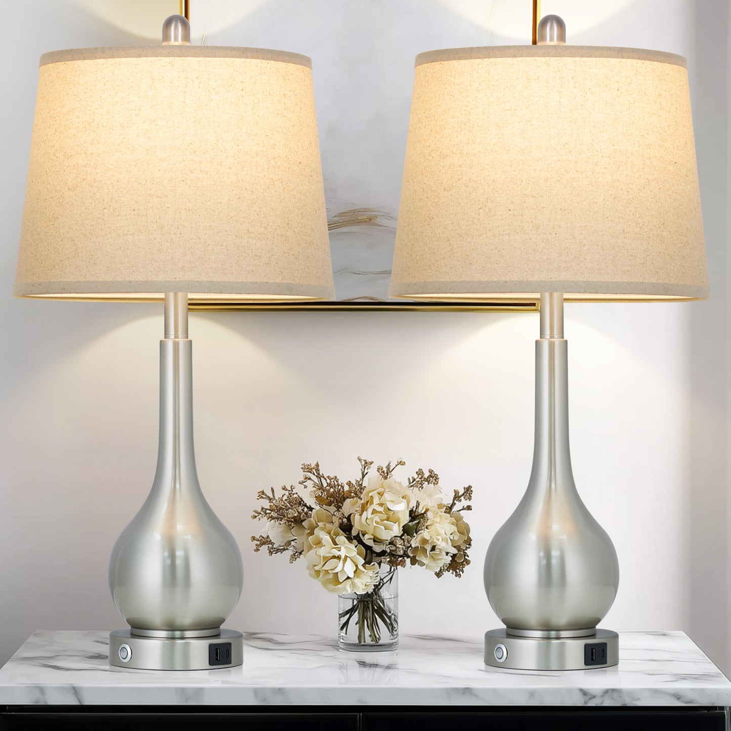 Cinkeda Table Lamps Set of 2 Modern Nightstand Bedside Touch Lamps for Bedroom Living Room with USB A+C, Silver
