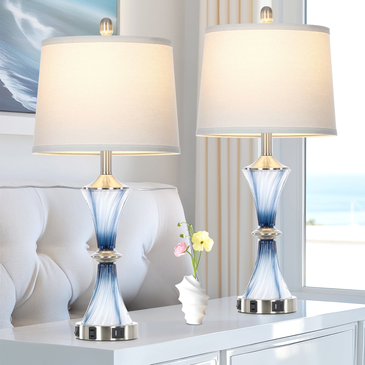 Cinkeda 27" Blue Gradient Glass Table Lamps Set of 2 with USB-C/A Ports & AC Outlet,Coastal Lamp for Night Stands Bedroom Living Room