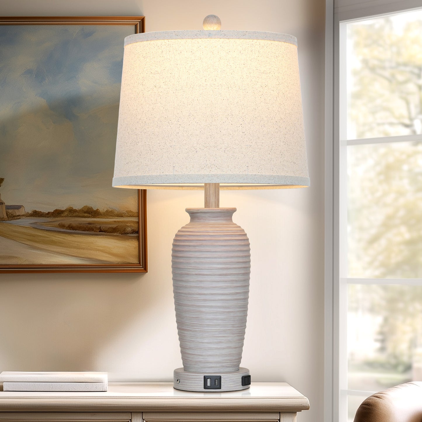 Cinkeda 25" Touch Control Table Lamp, Light Gray Resin Jar Body with Oatmeal Linen Shade, USB-C & AC Outlet, 3-Level Dimmable, Dimmable LED Bulb Included for Bedroom