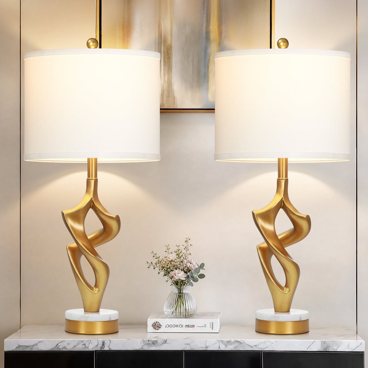 Cinkeda 29" Gold Table Lamp Set of 2, 3-Color Temperature Dimmable Bedside Nightstand Lamps with Marble & Metal Base for Living Room Bedroom, LED Bulbs Included