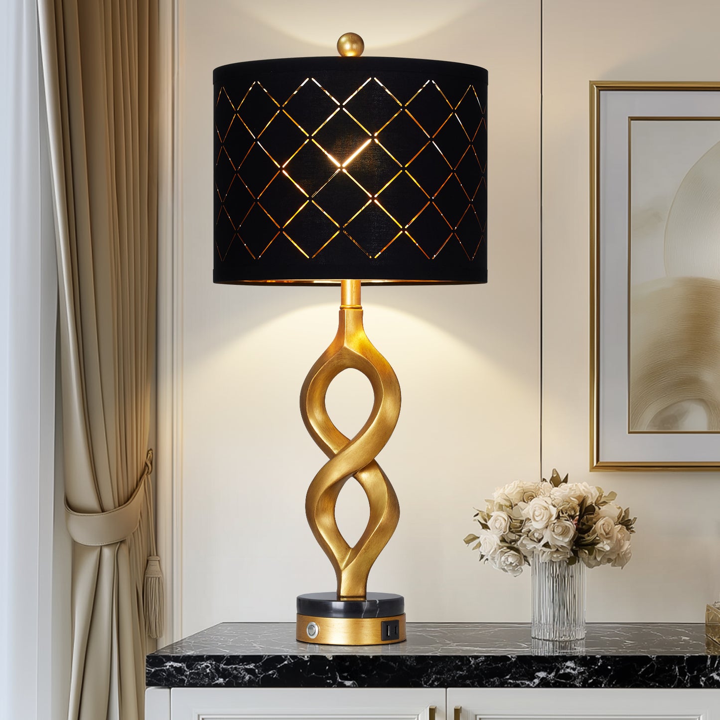 Cinkeda Modern Table Lamp Set of 2 with USB A+C Ports for Bedroom Living Room,Resin Nightstand 3-Way Dimmable Touch Bedside Lamp