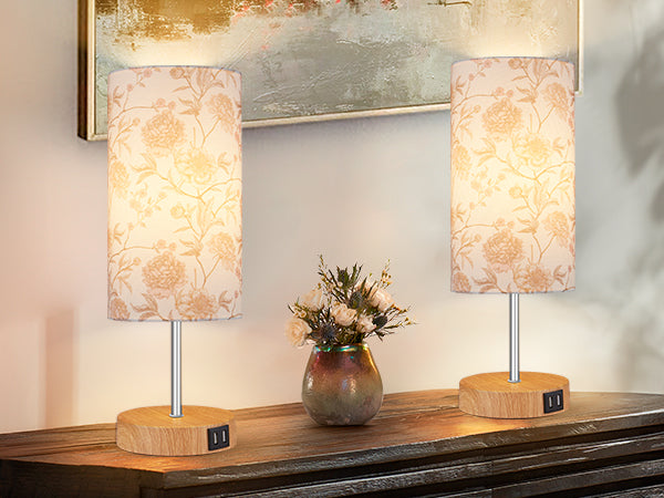 Cinkeda Touch Control Single Small Table Lamp with Dual USB Ports 15" Floral Print 3-Way Dimmable Bedside Nightstand Lamp for Bedroom Living Room (1 Bulb)