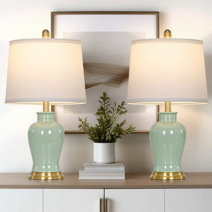 Cinkeda 23" Coastal Green Ceramic Table Lamps Set of 2 with Gold Accents, Modern Ceramic Ginger Jar Nightstand Lamps for Bedroom Living Room