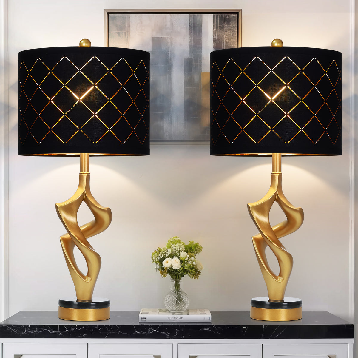 Cinkeda 29" Black and Gold Table Lamp Set of 2, 3-Color Temperature Dimmable Nightstand Lamps with Mesh Lampshade for Living Room Bedroom, LED Bulbs Included