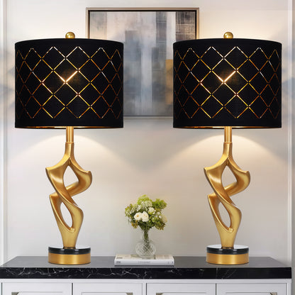 Cinkeda 29" Black and Gold Table Lamp Set of 2, 3-Color Temperature Dimmable Nightstand Lamps with Mesh Lampshade for Living Room Bedroom, LED Bulbs Included