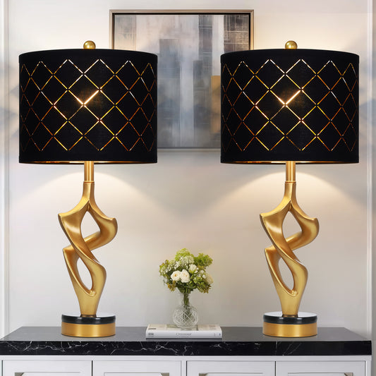 Cinkeda 29" Black and Gold Table Lamp Set of 2, 3-Color Temperature Dimmable Nightstand Lamps with Mesh Lampshade for Living Room Bedroom, LED Bulbs Included