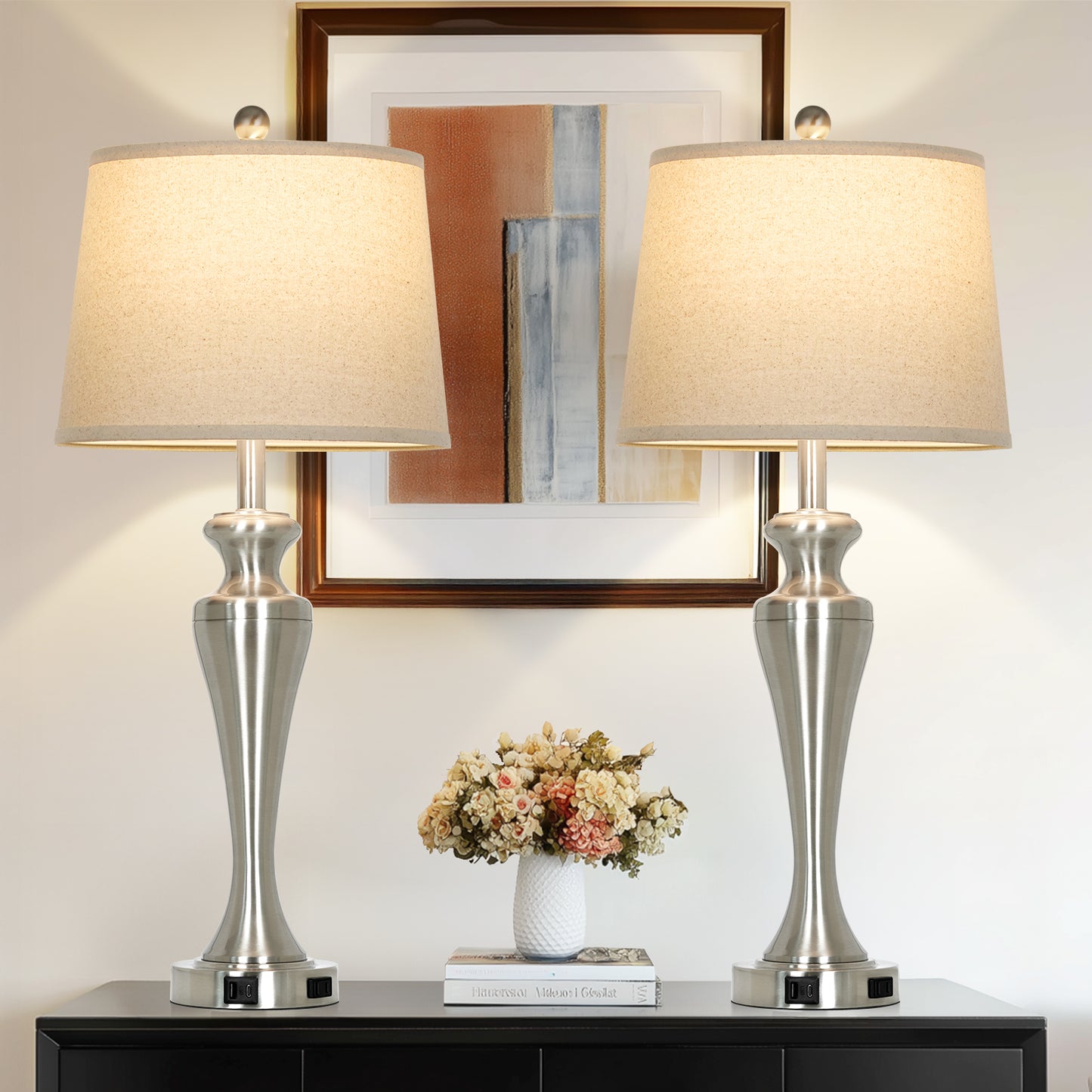 30" Classic Table Lamp, Silver Base with USB/Type-C & AC Outlet, Linen Shade, E26 Dimmable LED Bulb Included, 3-Way Touch Switch for Bedroom/Living Room(Set of 2)