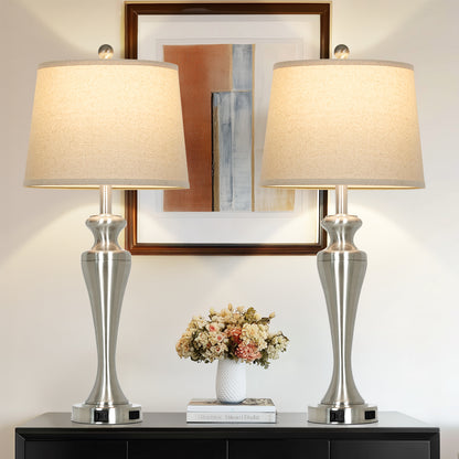 30" Classic Table Lamp, Silver Base with USB/Type-C & AC Outlet, Linen Shade, E26 Dimmable LED Bulb Included, 3-Way Touch Switch for Bedroom/Living Room(Set of 2)