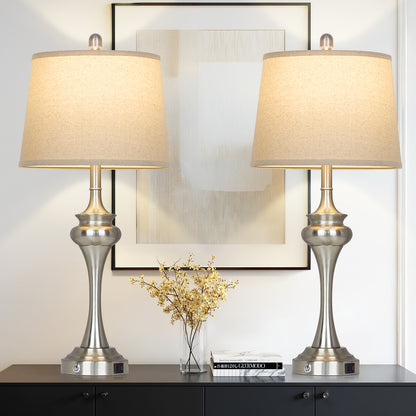 Cinkeda 30" Tall Table Lamps Set of 2, Silver Industrial Design with 3-Way Touch Dimming & USB/Type-C Ports for Bedroom Living Room