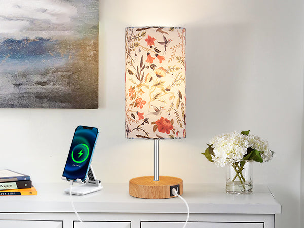 Cinkeda 15" Touch Control Single Small Table Lamp with Dual USB Ports Floral Print Shade 3-Way Dimmable Bedside Nightstand Lamp for Bedroom Living Room (1 Bulb)