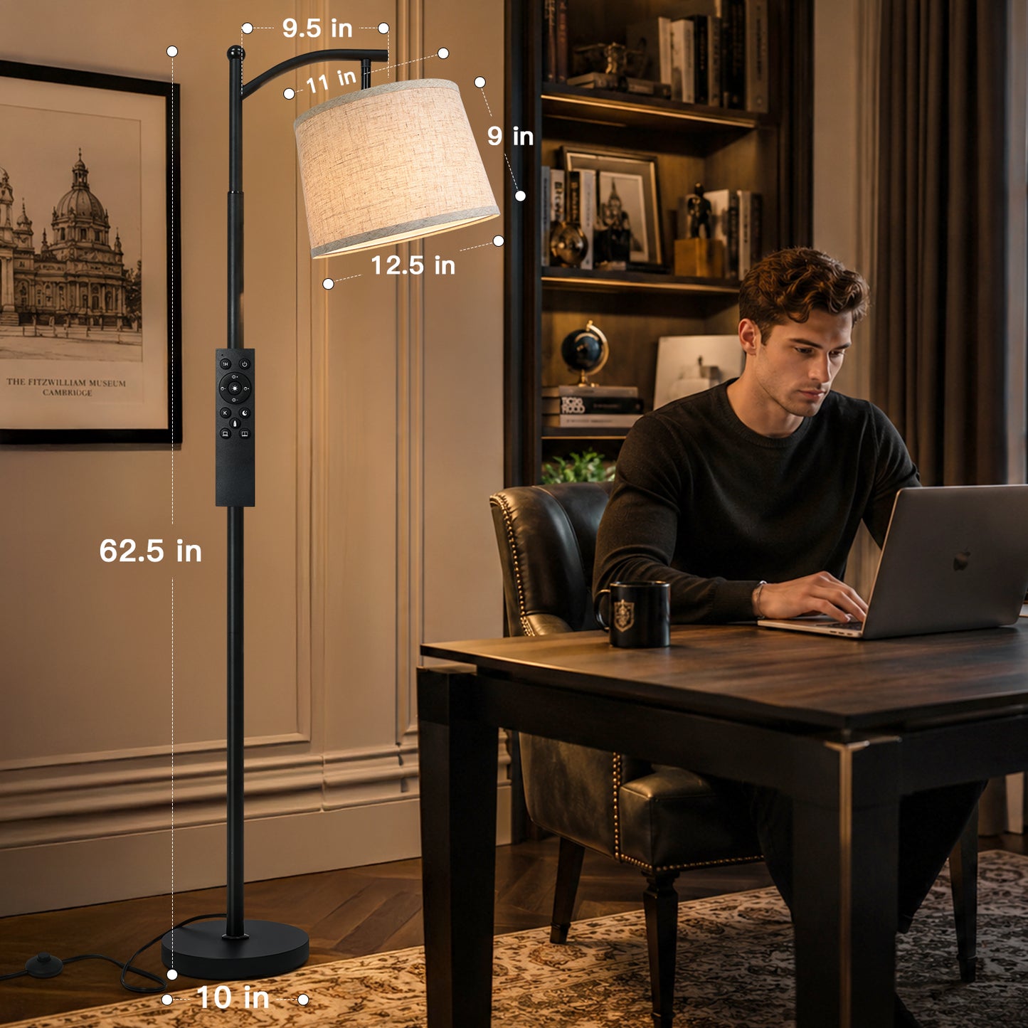 Cinkeda 62.5" Black Arc Floor Lamp, Mid-Century Modern Standing Lamp with Foot Switch, 3-Color Temperature & Remote for Living Room Bedroom, LED Bulb Included