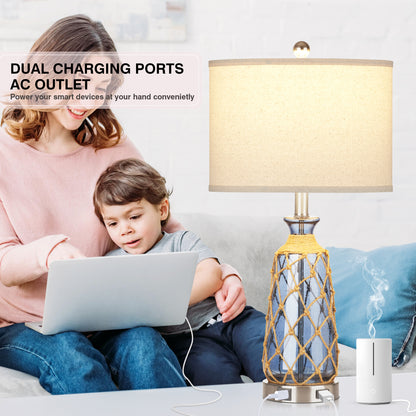 Deep Blue Bubble Glass Table Lamp with Dual USB Charging Ports, AC Outlet, Touch 3-Way Dimming Switch and No Strobe (Set of 2))