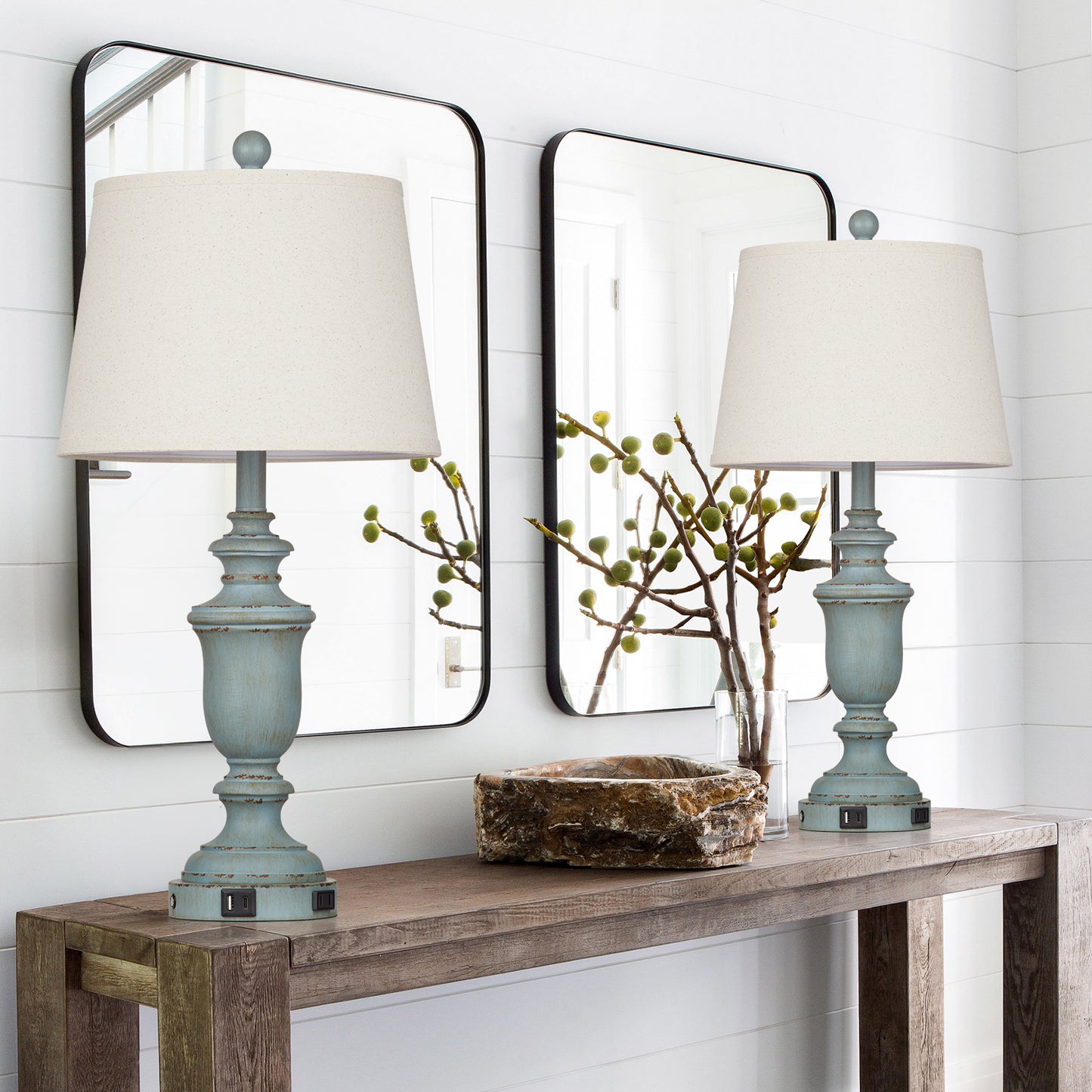 Blue resin tilted drum shade table lamps with a 3 - way touch dimming switch, USB Type - C charging ports and an AC outlet (Set of 2)