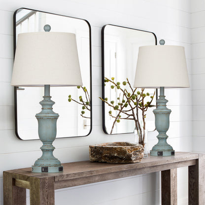 Blue resin tilted drum shade table lamps with a 3 - way touch dimming switch, USB Type - C charging ports and an AC outlet (Set of 2)