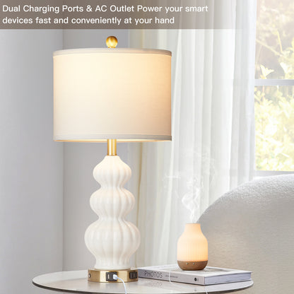 White Ceramic Cucurbit Style Table Lamp with 3-Way Touch Dimming Switch, USB Type C Charging Ports and AC Outlet (Set of 2)