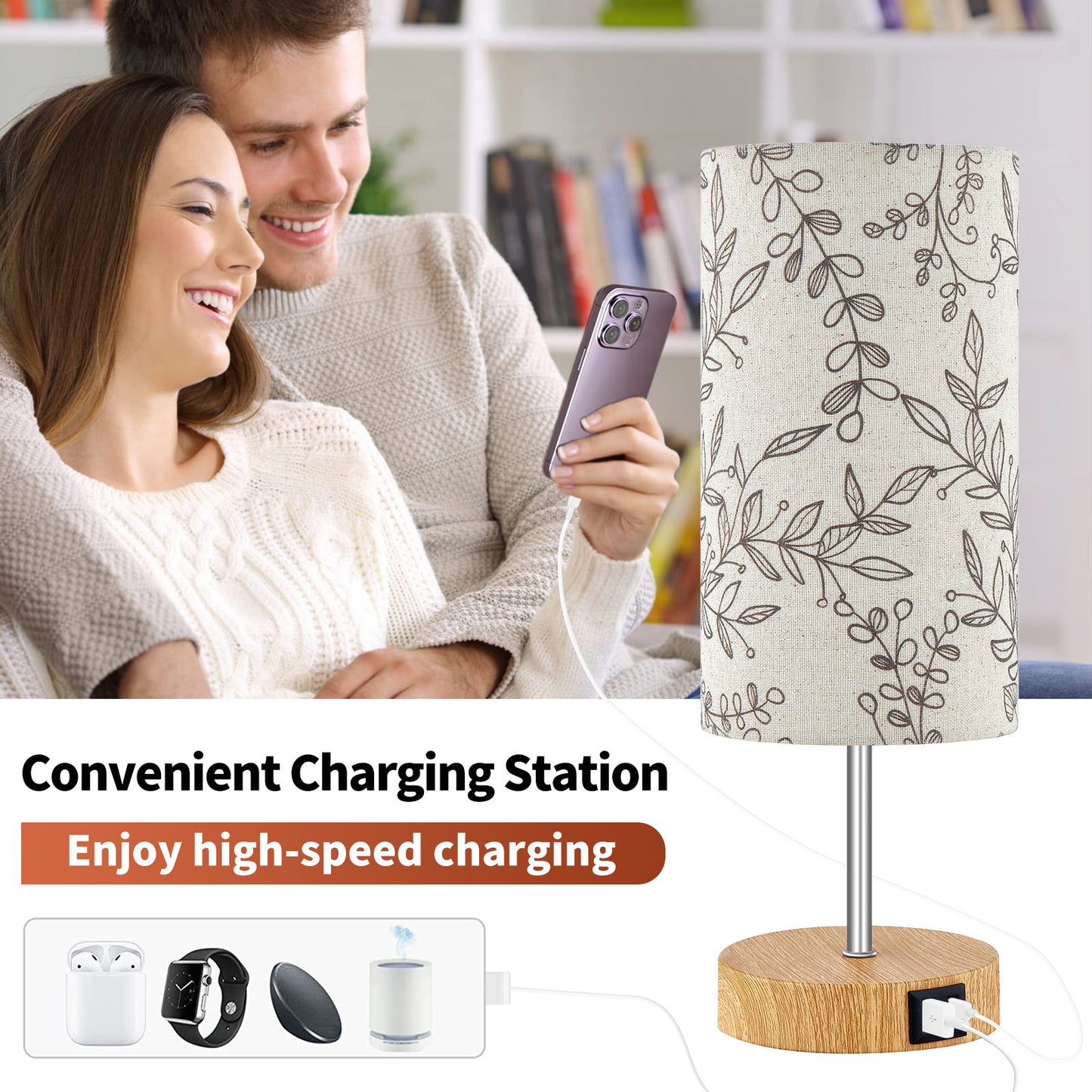 Cinkeda 3 Way Dimmable Single Table Lamp with USB Ports Leaf Print Shade 15" Touch Control Small Bedside Nightstand Lamp for Bedroom Living Room (1 Bulb)