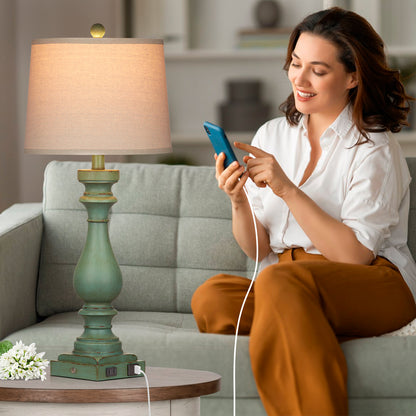 Table lamps with green resin, universal USB Type - C charging ports and AC outlet (Set of 2)