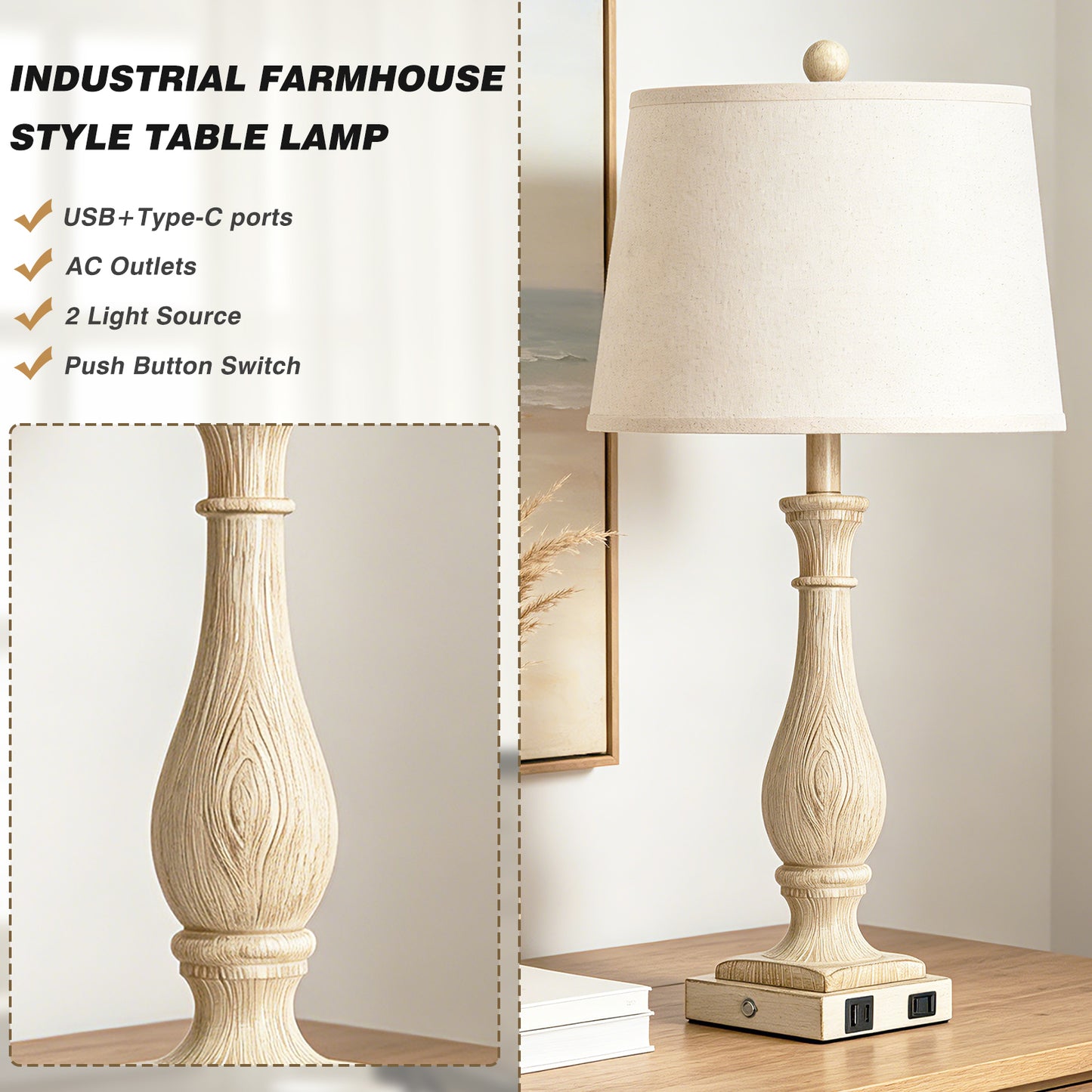 Cinkeda 27.5" Beige Resin Table Lamps Set of 2, 3-Level Touch Control Bedside Nightstand Lamps with USB & Type-C Ports, AC Outlet for Living Room