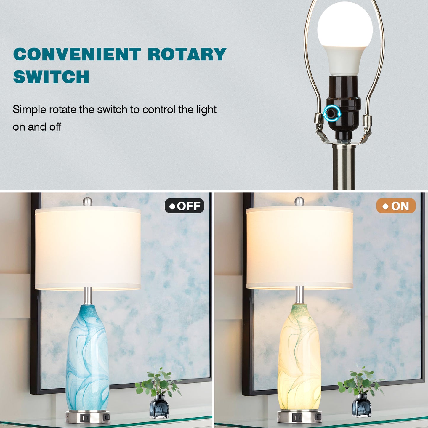 Cinkeda Coastal Glass Table Lamp Set of 2 with Nightlight USB A+C Ports AC Outlet Modern 3 Way Dimmable Touch Control Nautical Blue Nightstand Bedside Lamps for Living Room Bedroom