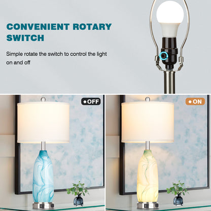 Cinkeda Coastal Glass Table Lamp Set of 2 with Nightlight USB A+C Ports AC Outlet Modern 3 Way Dimmable Touch Control Nautical Blue Nightstand Bedside Lamps for Living Room Bedroom