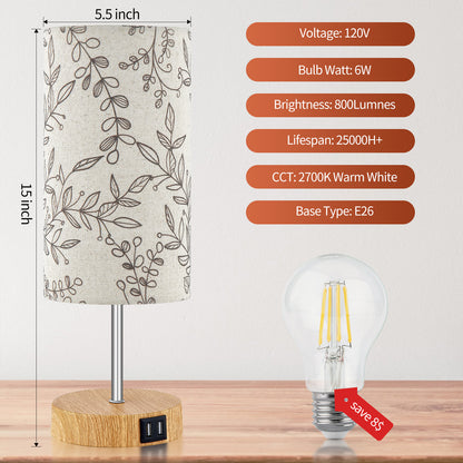 Cinkeda 3 Way Dimmable Single Table Lamp with USB Ports Leaf Print Shade 15" Touch Control Small Bedside Nightstand Lamp for Bedroom Living Room (1 Bulb)