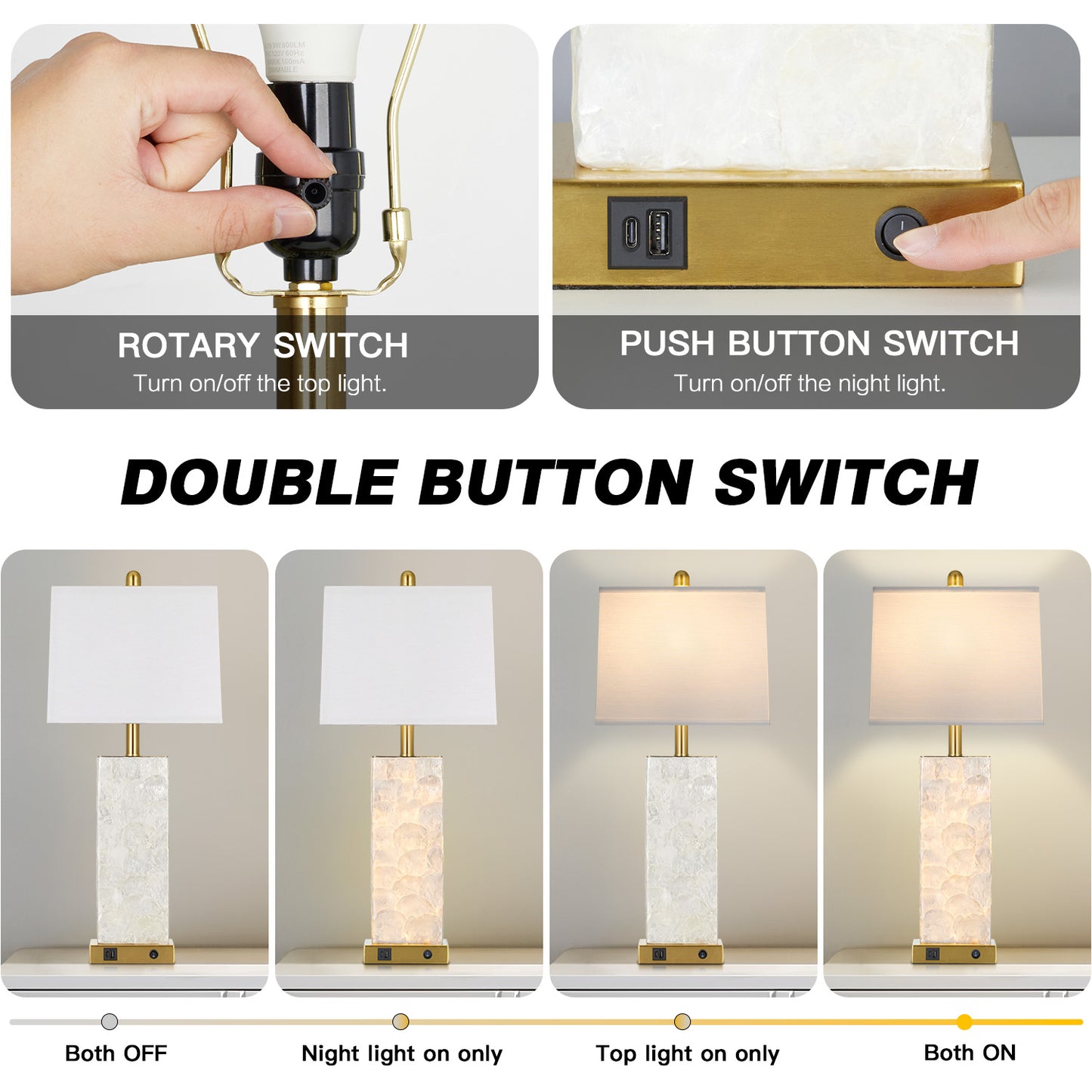 Cinkeda 28" Gold Table Lamp Set of 2, Coastal Seashell Bedside Nightstand Lamps with USB A+C Ports & Night Light for Living Room Bedroom