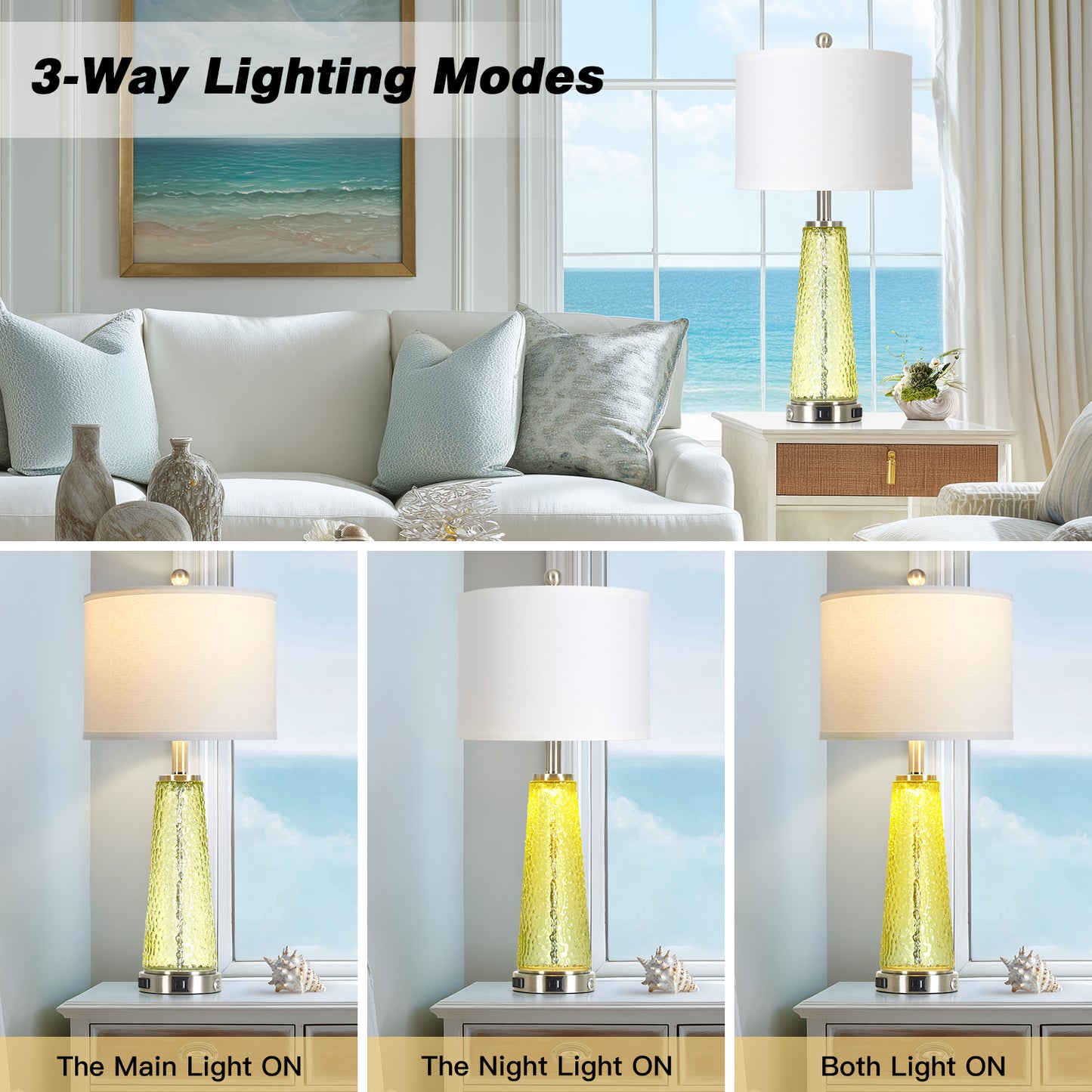 Cinkeda 26" Yellow Speckled Glass Table Lamps Set of 2, Modern Touch Control Table Lamp with USB A+C Charging Ports, Nightstand Lamp for Bedroom Living Room Decor
